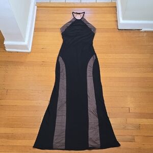 NWOT, Morgan & Co., Maxi Halter Gown Black w/ Sheer Panels, Junior's 3/4